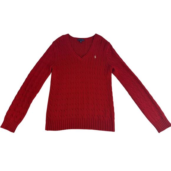 Ralph Lauren Size XL Women's Cable Knit V-Neck Sweater Fisherman Gold Pony Red - Picture 6 of 11